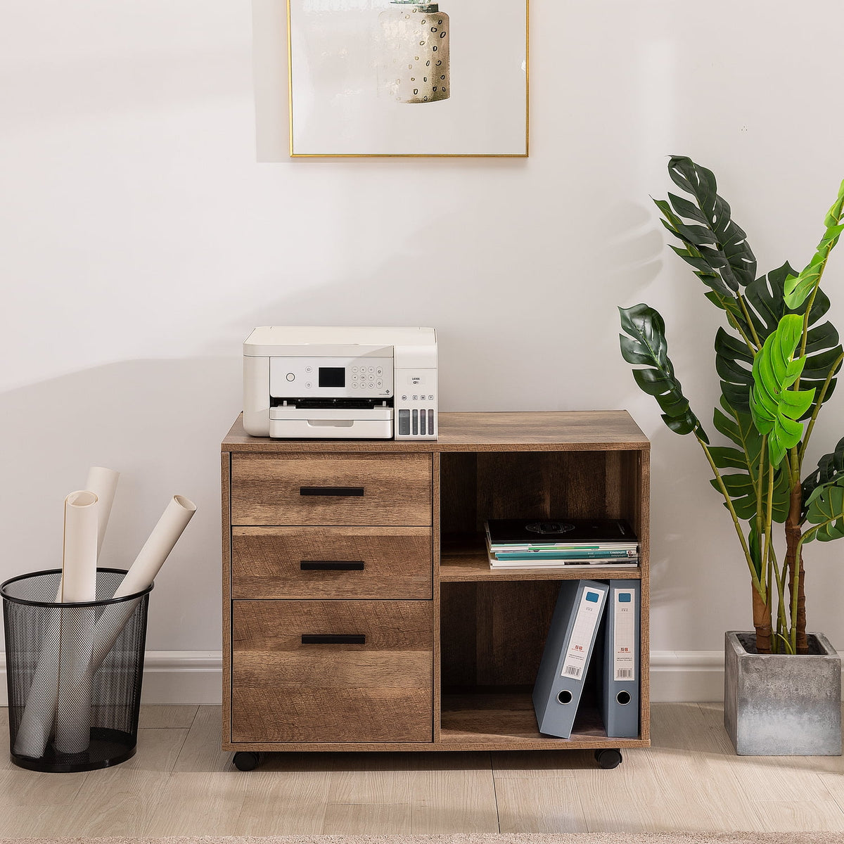 Rolling Office Cabinet with Drawers, Walnut P5771
