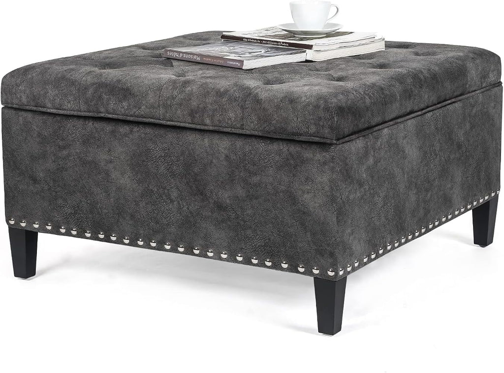 Grey Tufted Storage Ottoman Bench with Wood Legs W454295