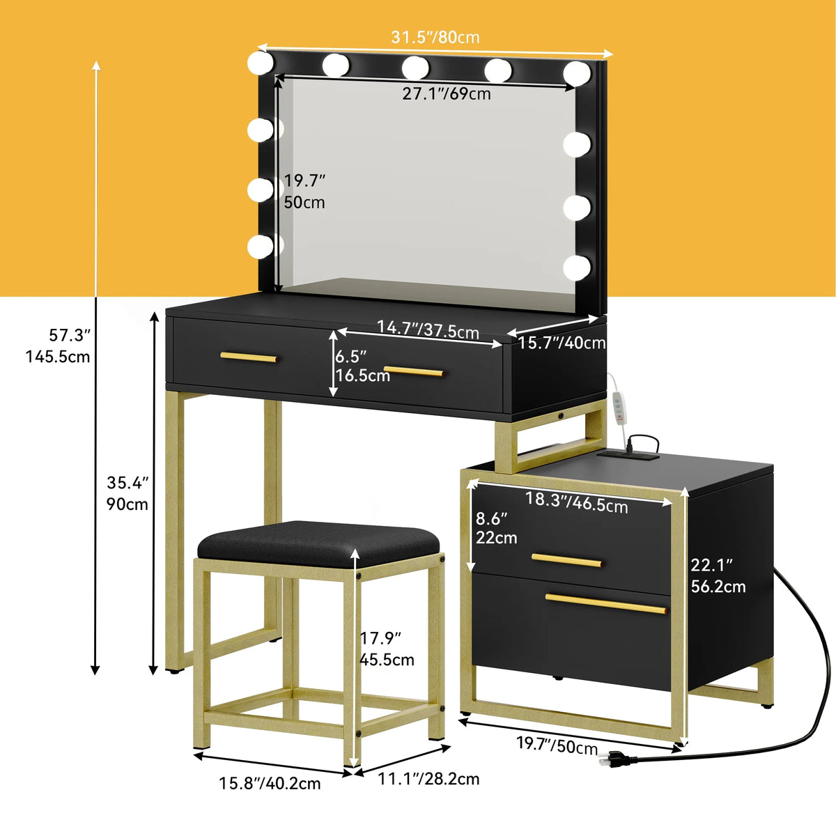 Black Makeup Vanity with Mirror and LED Lights S482841