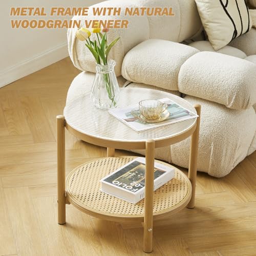 27.5" Boho Rattan Round Glass Coffee Table Z51440