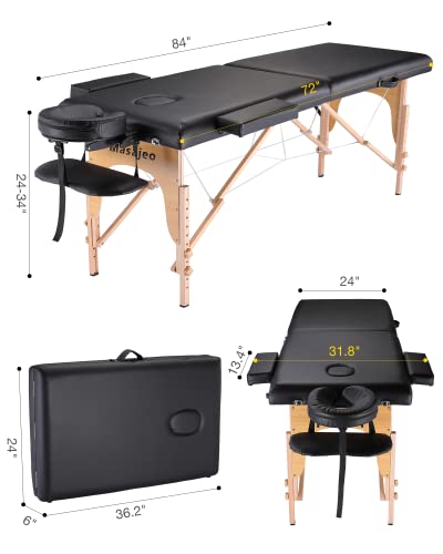 Portable Massage Table Wooden Frame Height Adjustment Black 3-Section H1927