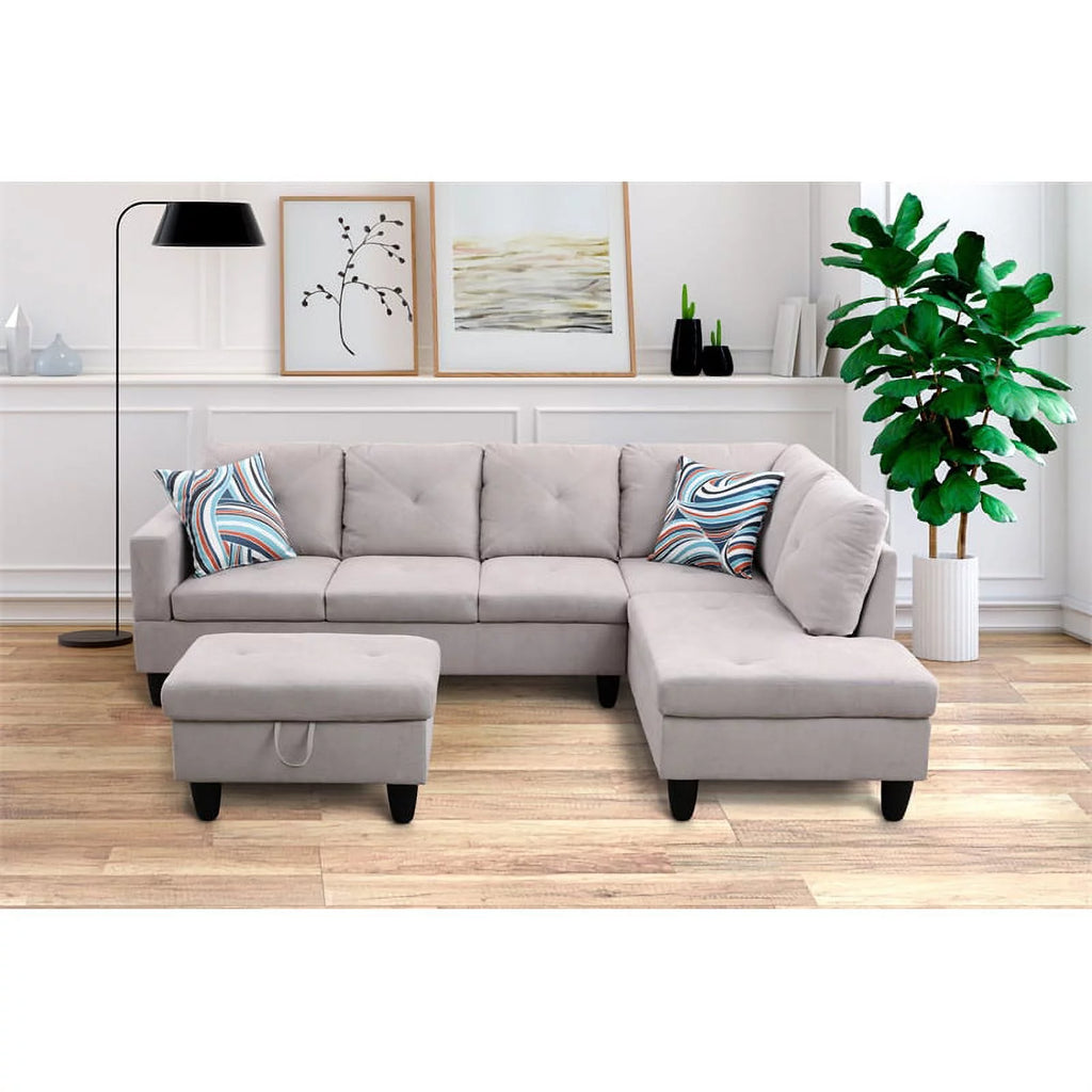 Gray L Shaped Microfiber Couch with Storage Ottoman A814
