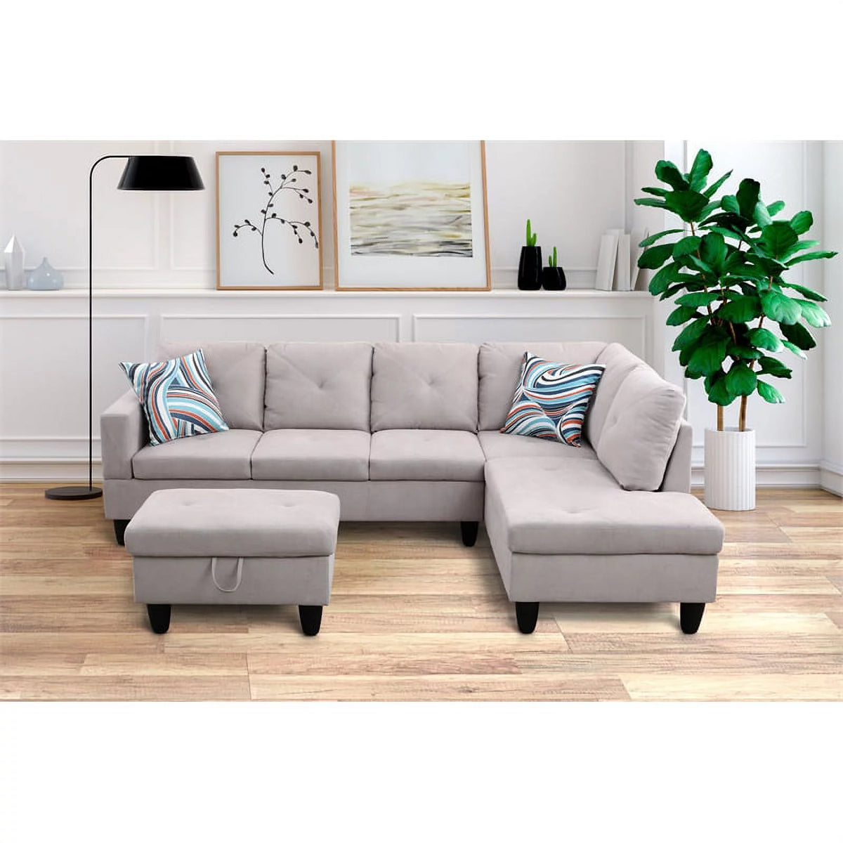 Gray L Shaped Microfiber Couch with Storage Ottoman A814