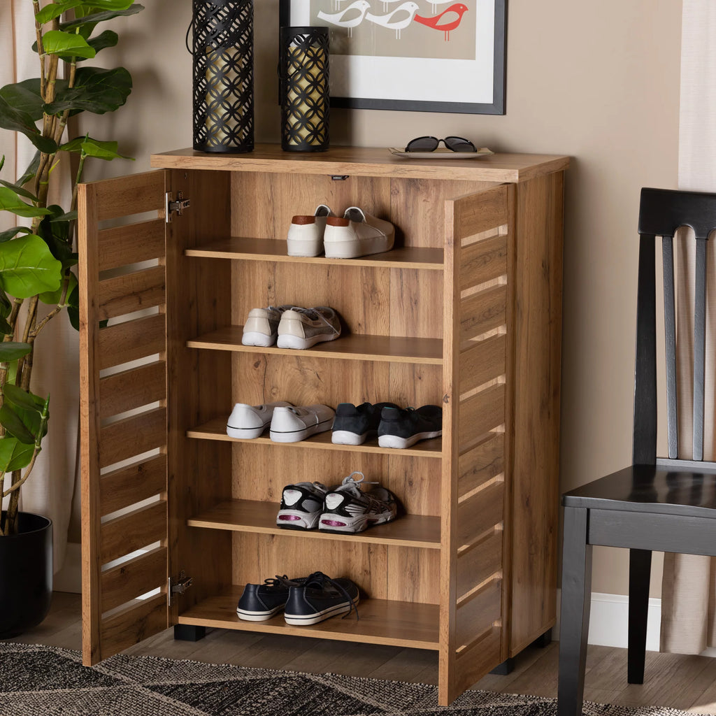 Oak Brown Finished Wood 2-Door Shoe Storage Cabinet N8205