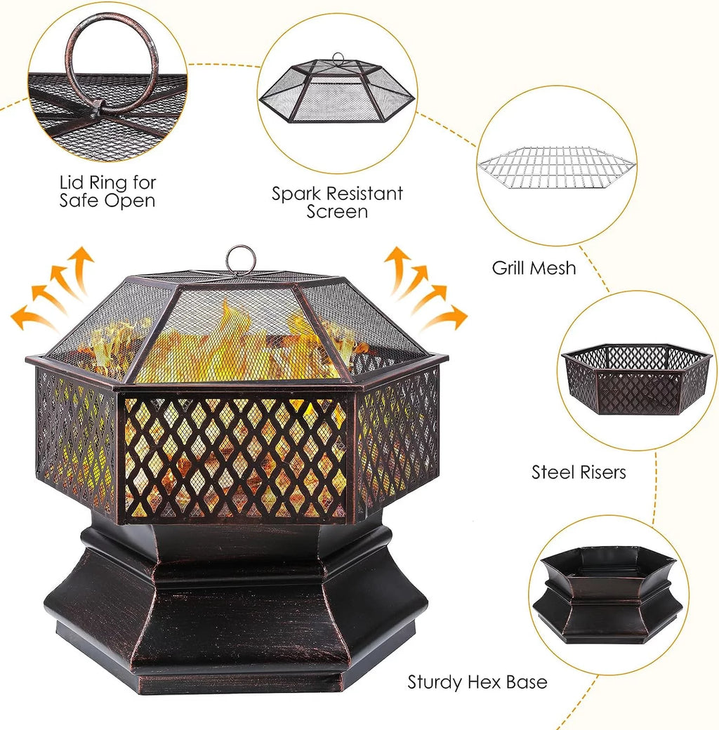 28'' Hex Shaped Steel Wood Burning Fire Pit with Spark Screen & Fire Poker L63982