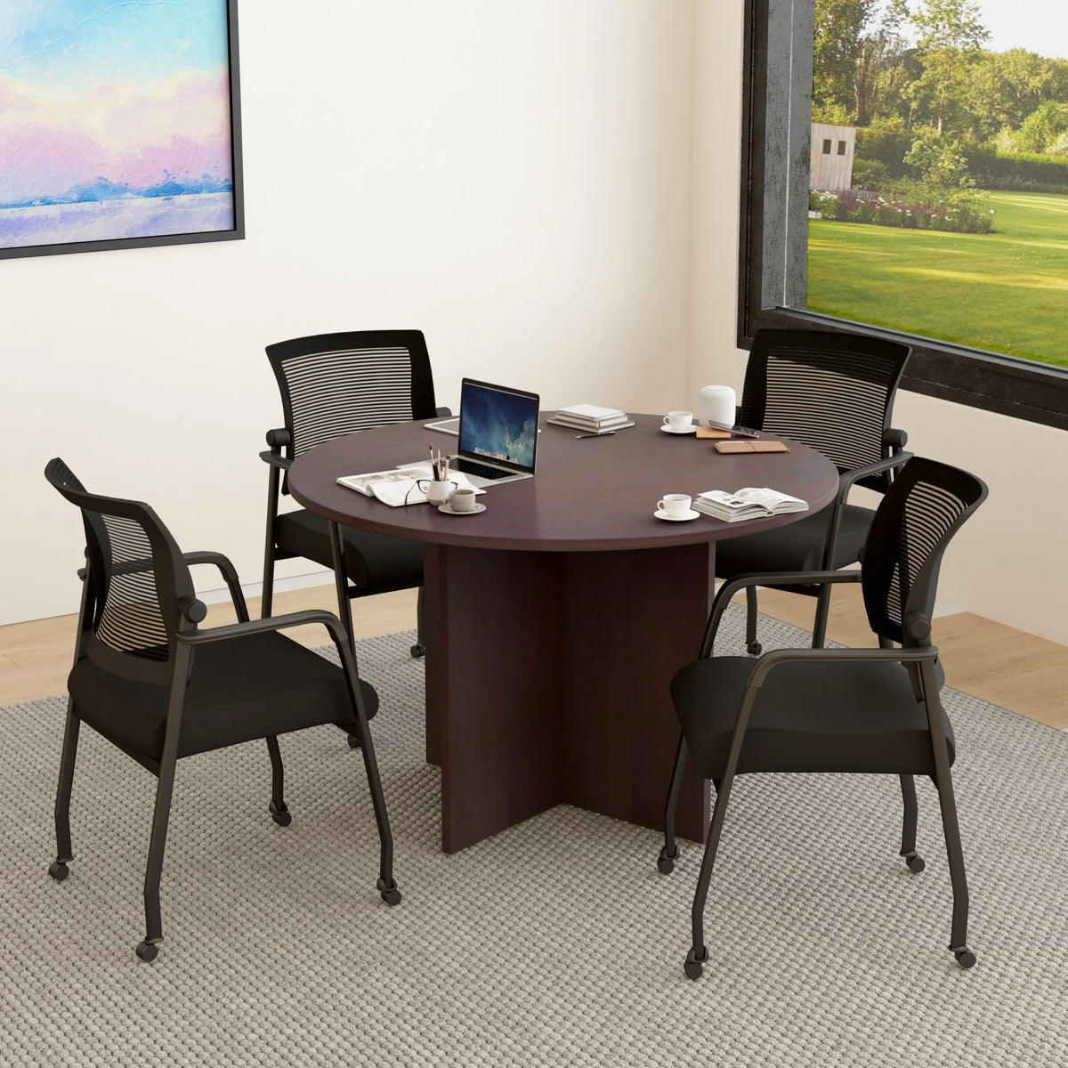 42" Round Table & 4 Mesh Guest Chair with Casters U678