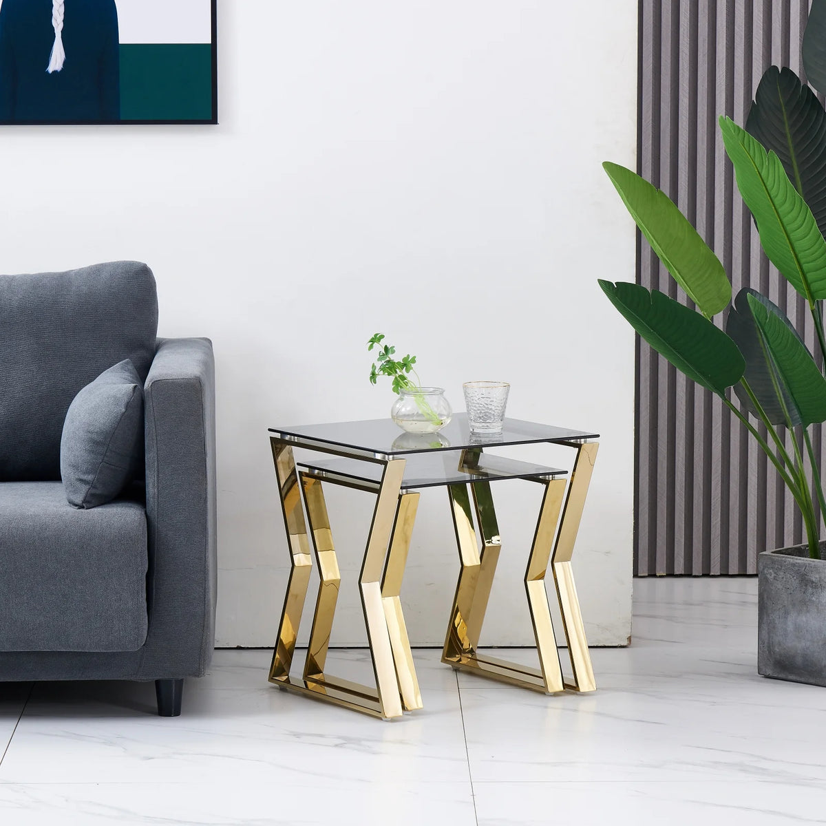2 Pieces Gold Glass Nesting Tables Stainless Steel Frame Q271108