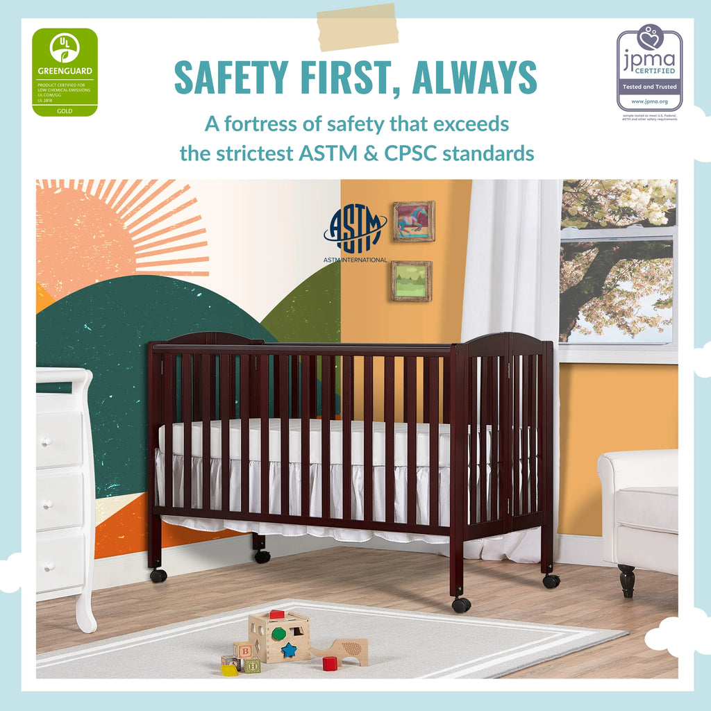 Full Size 2-in-1 Folding Stationary Side Crib with Locking Wheels, Espresso J2633