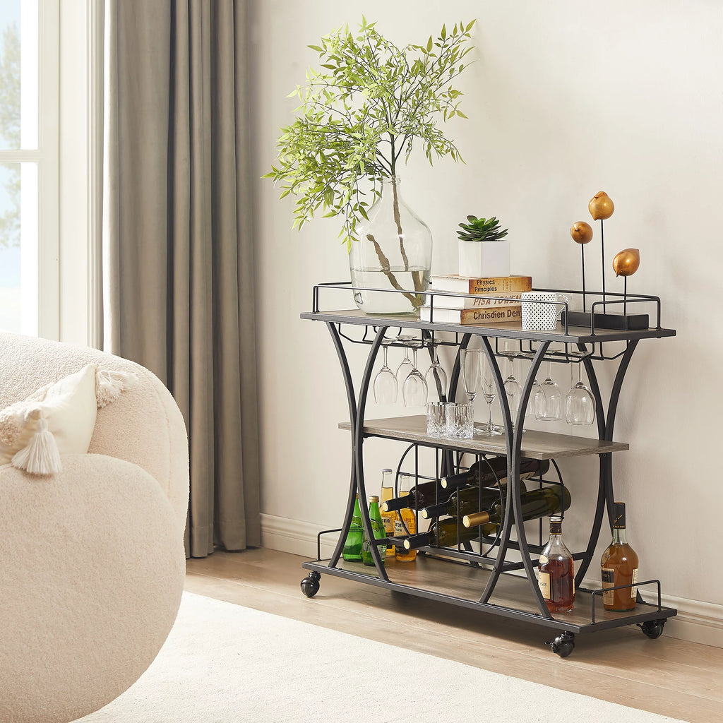 3 Tier Rolling Bar Cart with Wine Rack and Glass Holder Y515986