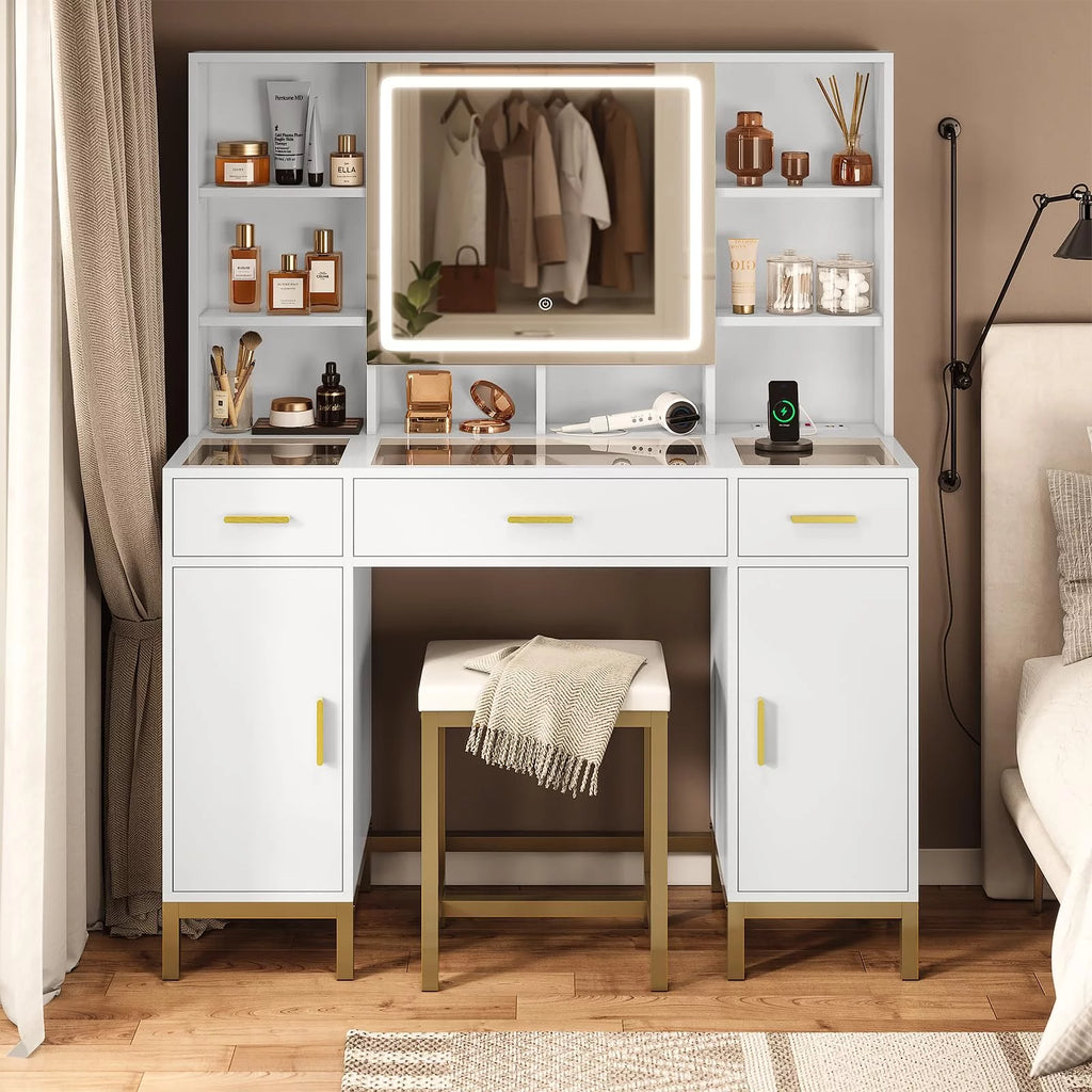 White Makeup Vanity Set with Lights and Mirror A47538