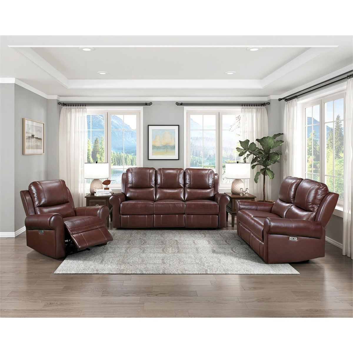 Brown Leather Match Power Double Reclining Love Seat D521