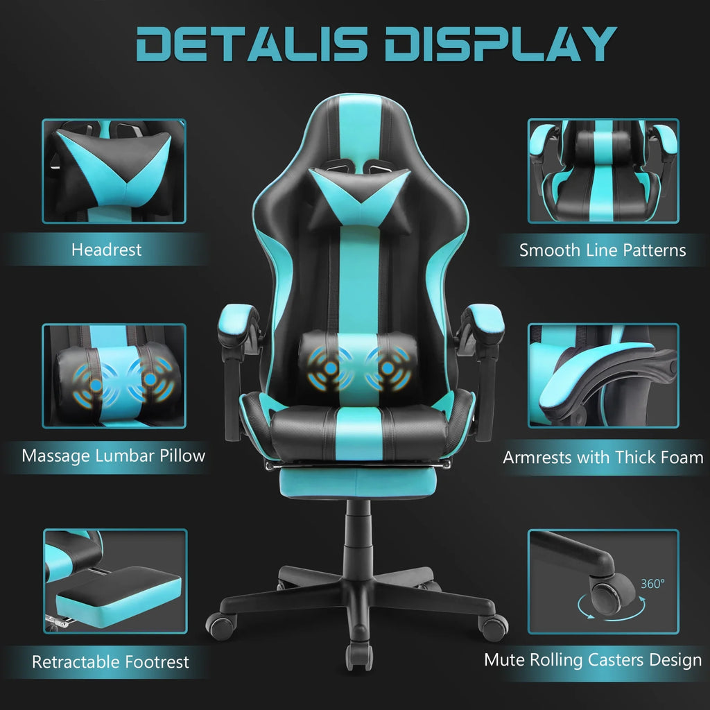 Blue Gaming Chair with Footrest & Massage Lumbar Pillow U258026