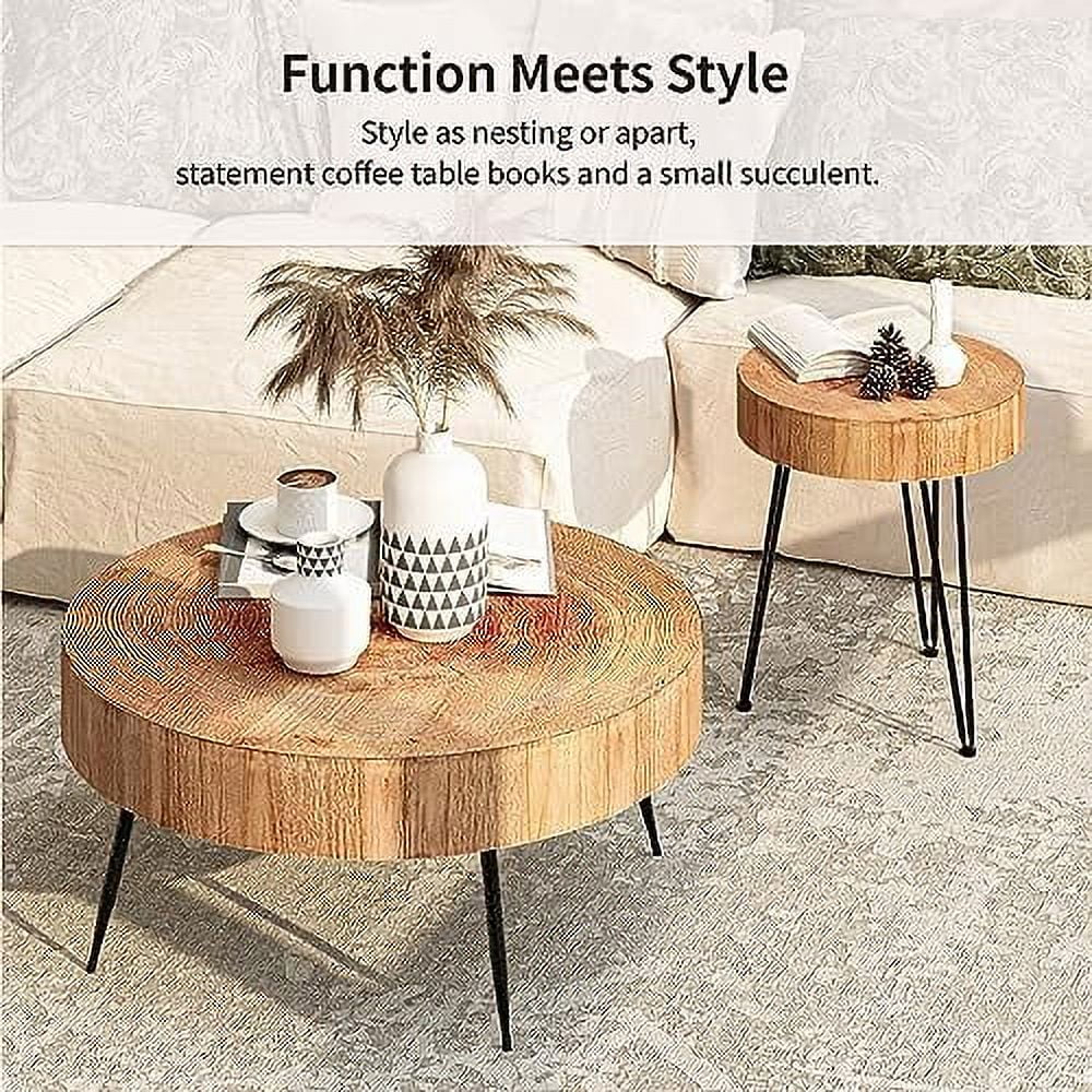 Round Nesting Coffee Table Set with Wood Radial Pattern J34147