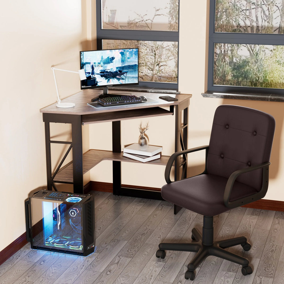 Corner Computer Desk & Chair Set, Adjustable Height Office Chair, Antique Brown Y9574
