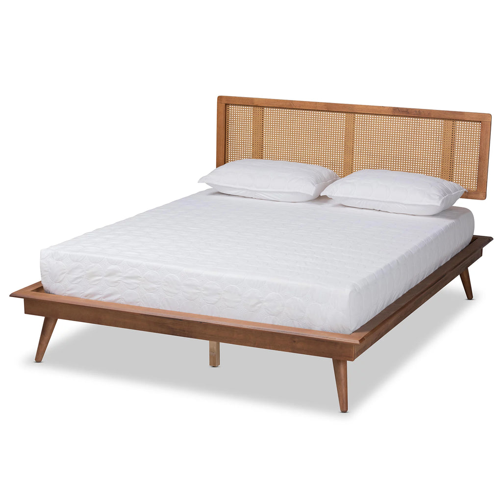Walnut Brown Wood and Synthetic Rattan Queen Size Platform Bed N40565