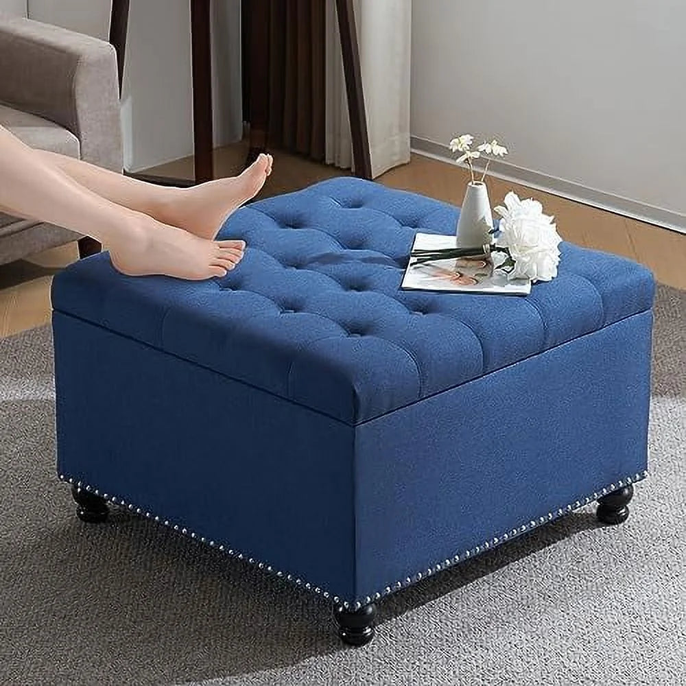 Oversized Linen Ottoman with Wooden Legs A3401