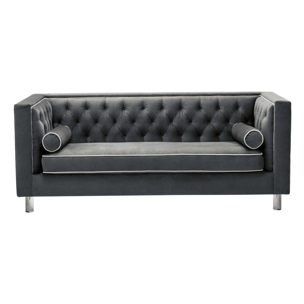 Grey Velvet Upholstered Tufted Sofa with 2 Lumbar Pillows L85302