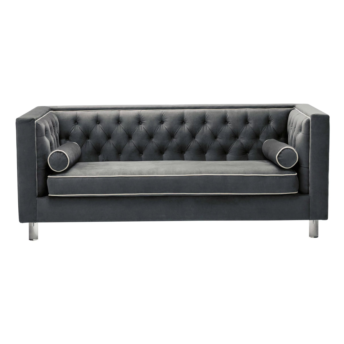 Grey Velvet Upholstered Tufted Sofa with 2 Lumbar Pillows L85302