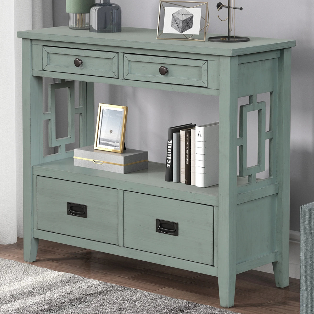 36'' Pine Wood Console Table with 4 Drawers G81484