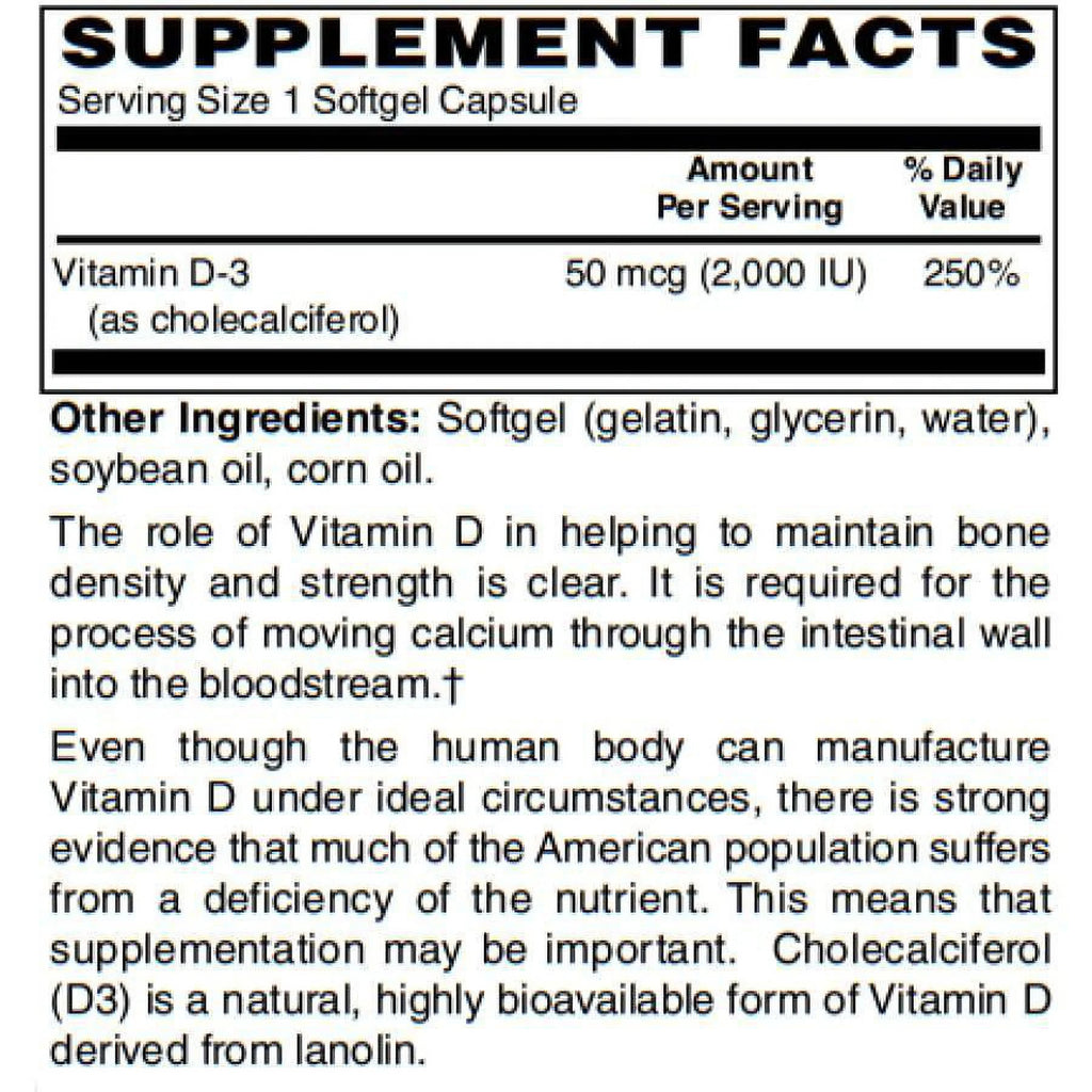 Vitamin D-3 50mcg Vegetarian Softgels 250 Count D83256