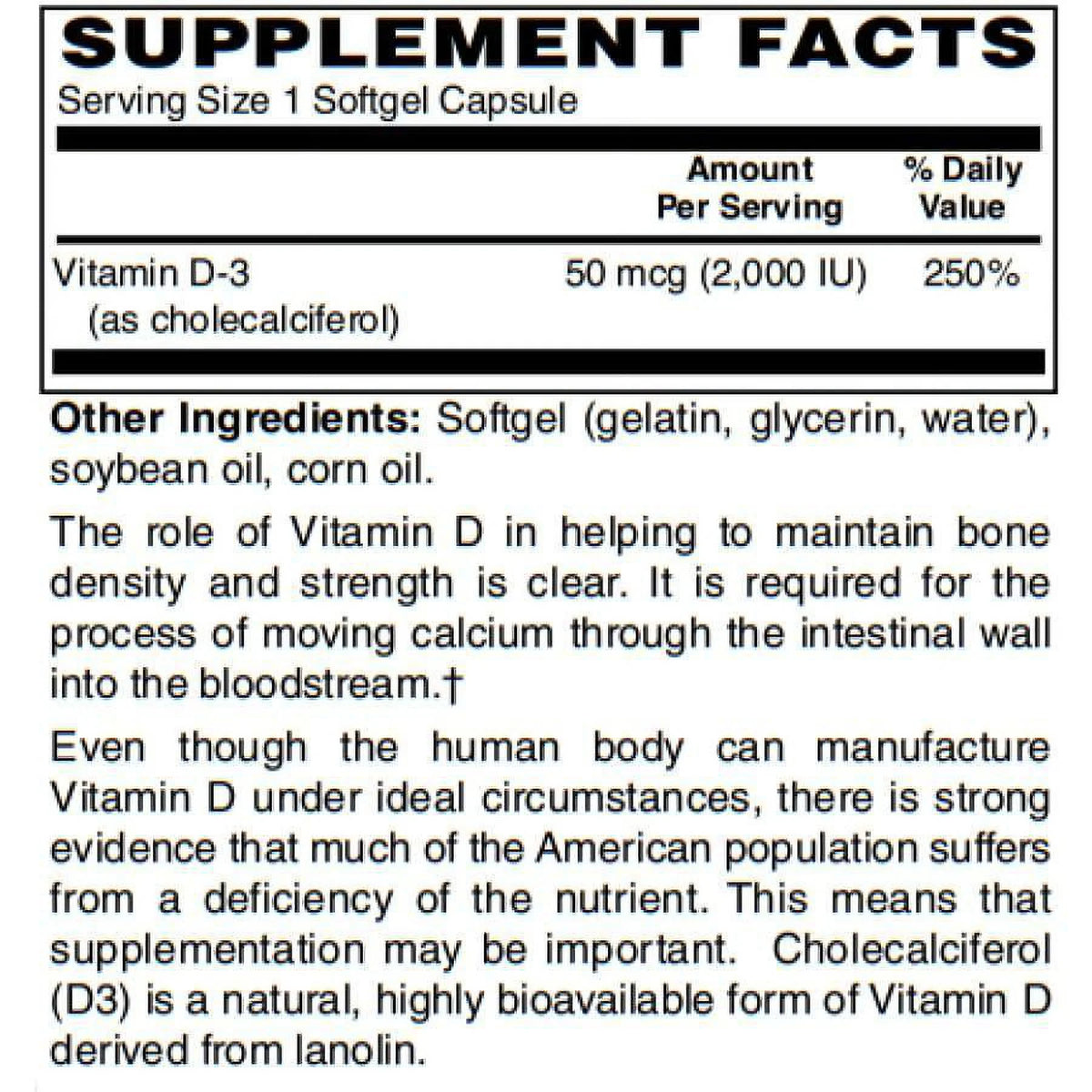 Vitamin D-3 50mcg Vegetarian Softgels 250 Count D83256