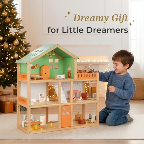 Large Wooden 3-Story Dollhouse with 42 Pcs Furniture T782