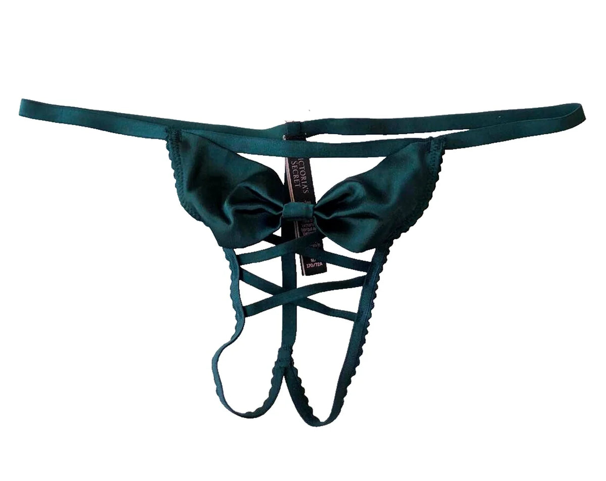 Dark Green Crotchless Satin Bow V-String Panty I60252