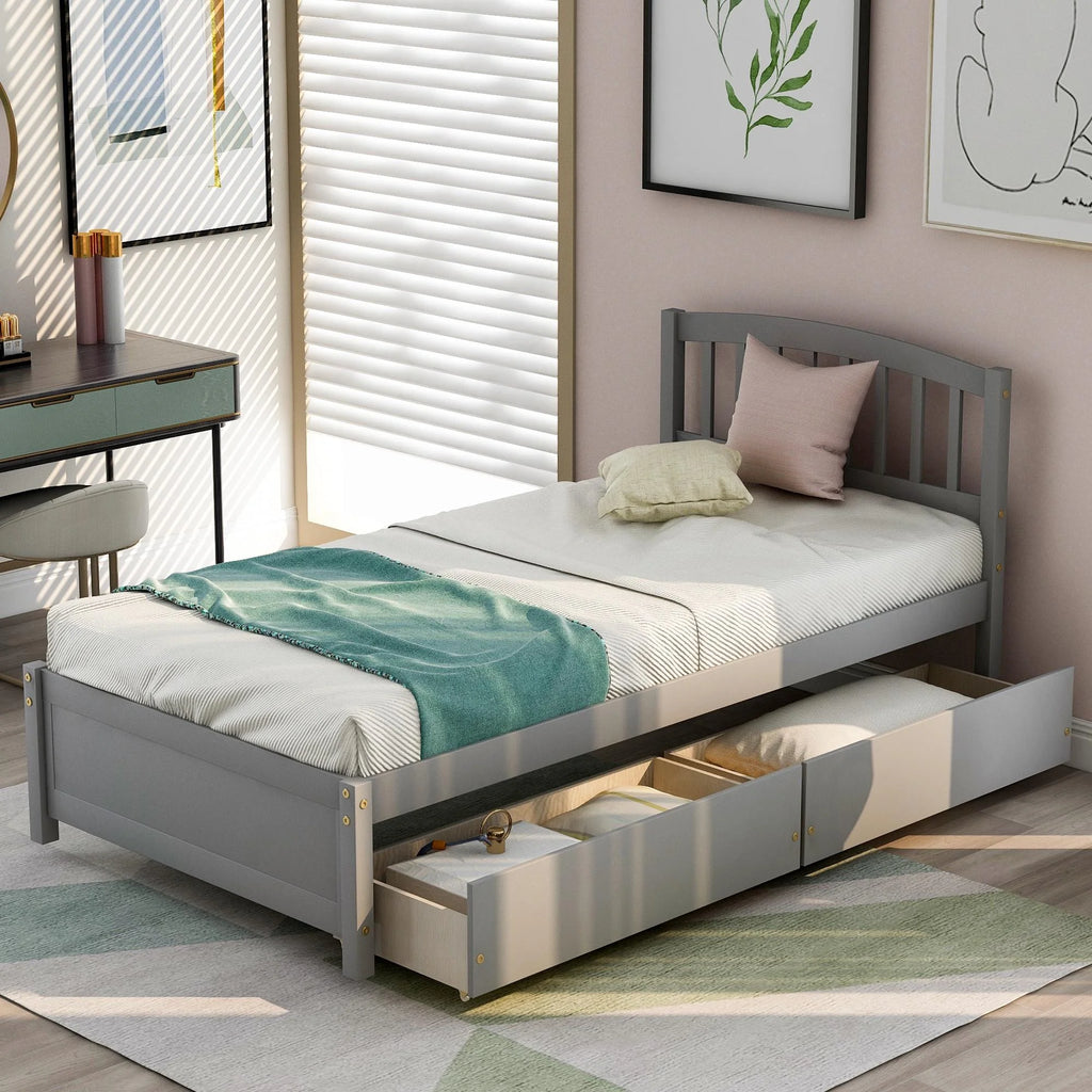 Twin Size Wood Platform Bed with Storage and 2 Drawers J717