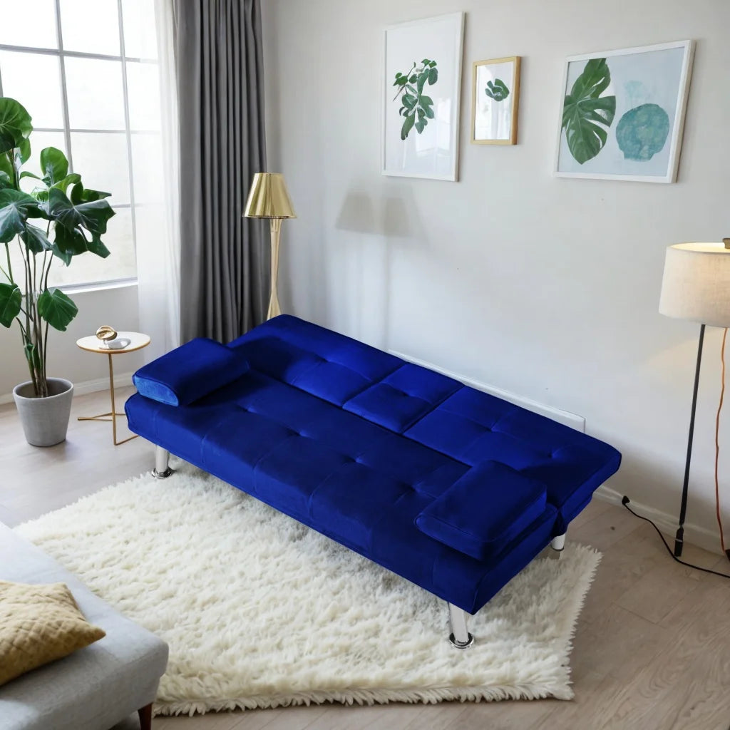 Blue Velvet Convertible Futon Sofa Bed with 2 Cup Holders R6527