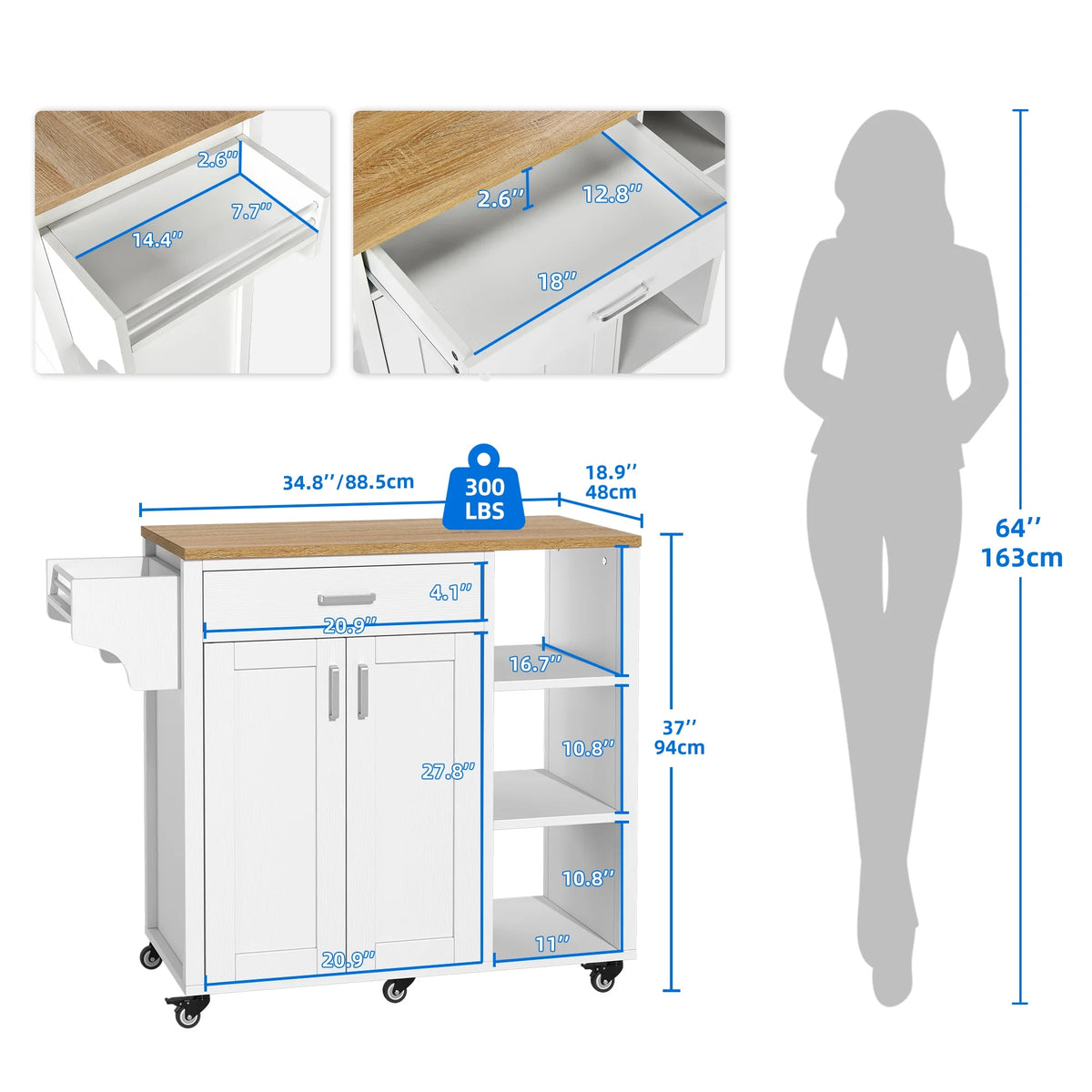 White Kitchen Island Cart with Storage Cabinet and Drawer C156