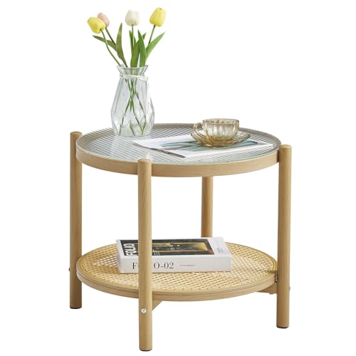 27.5" Boho Rattan Round Glass Coffee Table Z51440