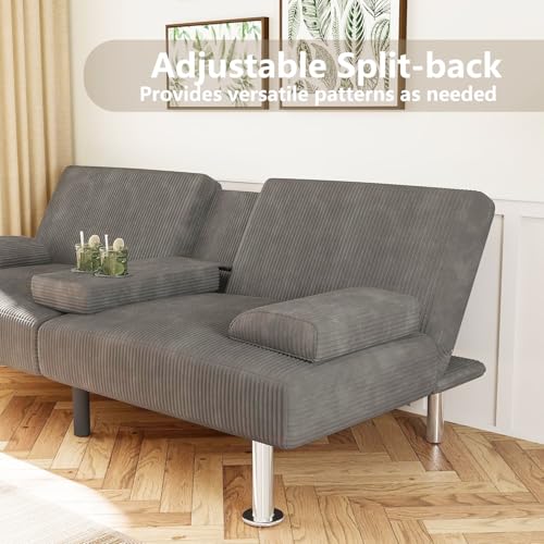 Green Corduroy Futon Sofa Bed with 2 Cup Holders A149