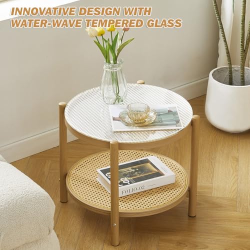27.5" Boho Rattan Round Glass Coffee Table Z51440