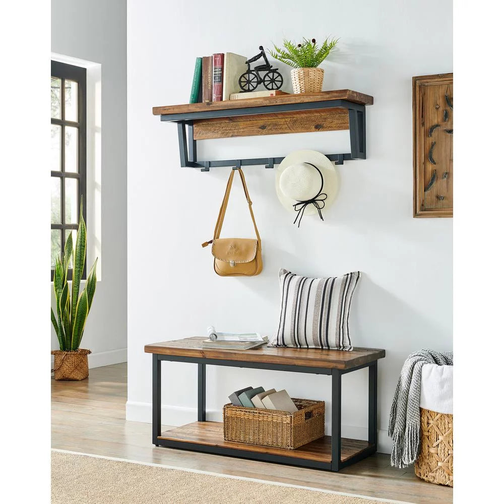 Rustic Wood Bench with Low Shelf V8363
