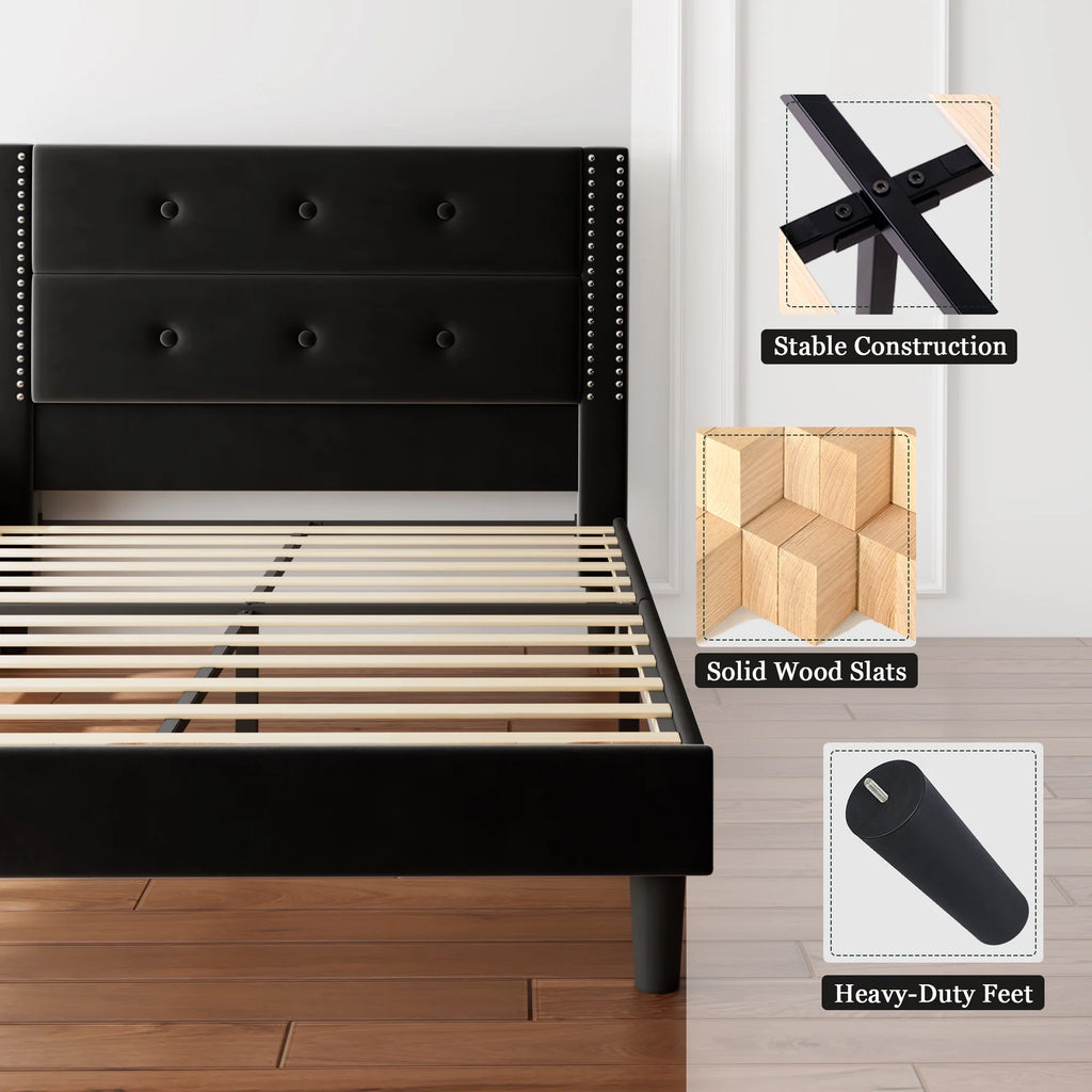 Queen Black Velvet Upholstered Platform Bed Frame with Tufting Headboard Y354668