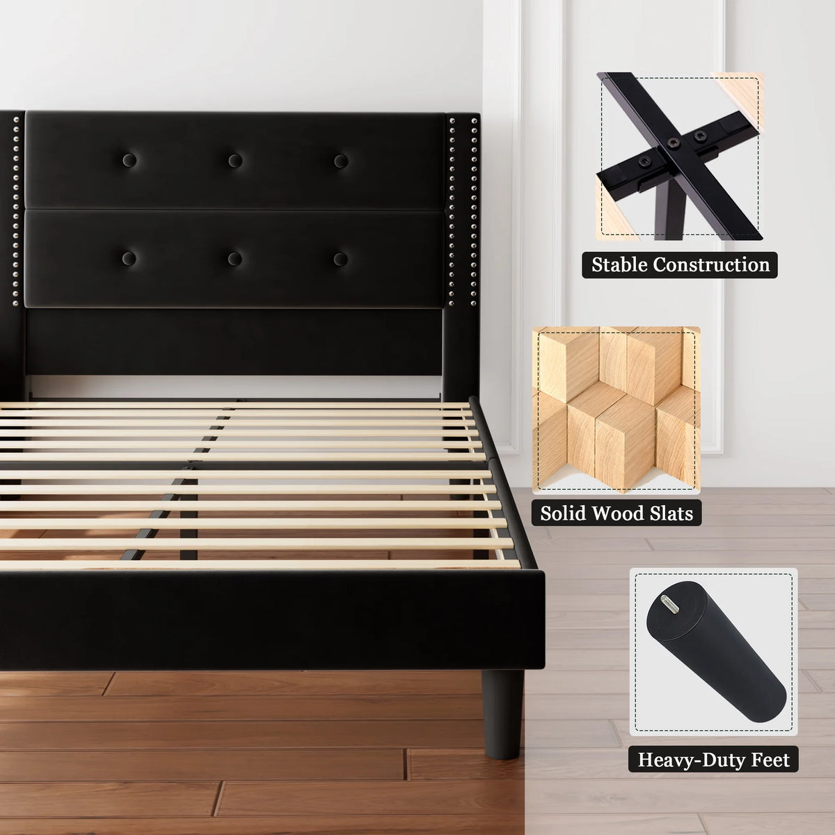 Queen Black Velvet Upholstered Platform Bed Frame with Tufting Headboard Y354668