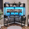 Black Corner Desk with Hutch and LED Lights T5916