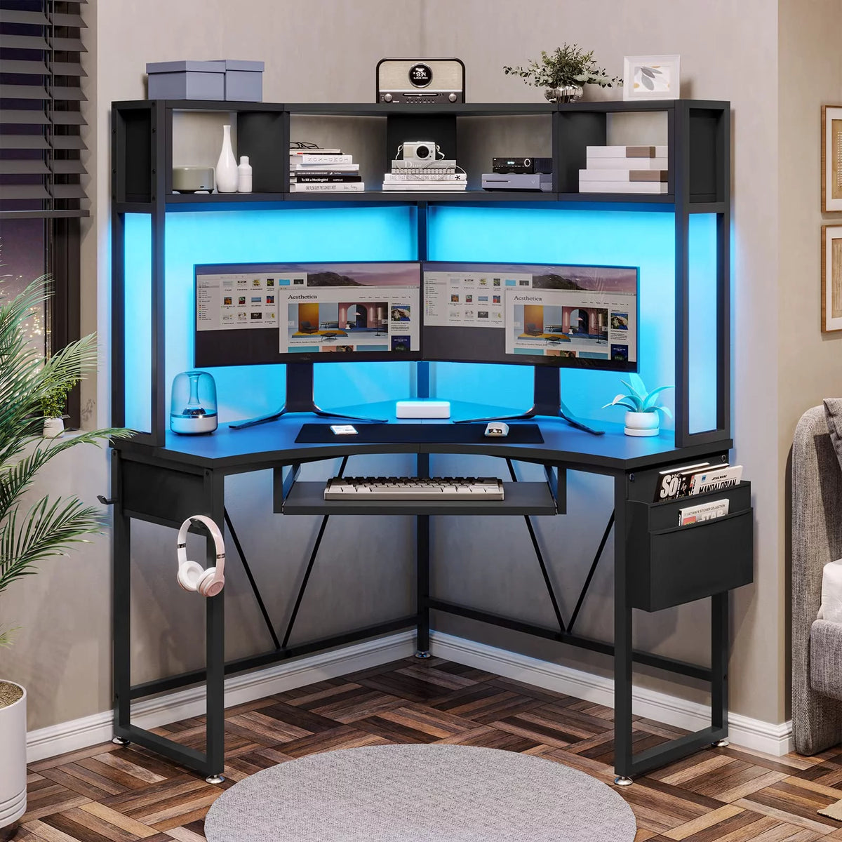 Black Corner Desk with Hutch and LED Lights T5916