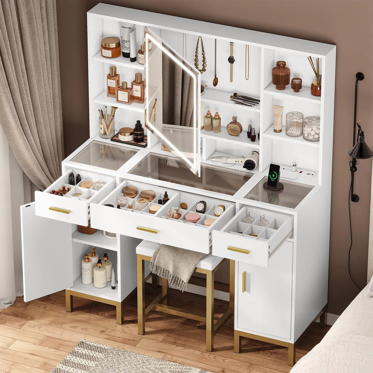 White Makeup Vanity Set with Lights and Mirror A47538