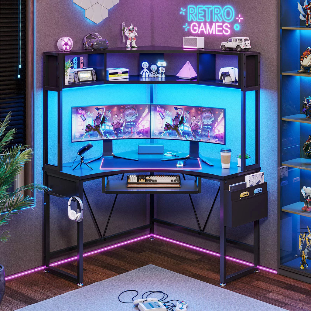 Black Corner Desk with Hutch and LED Lights T5916