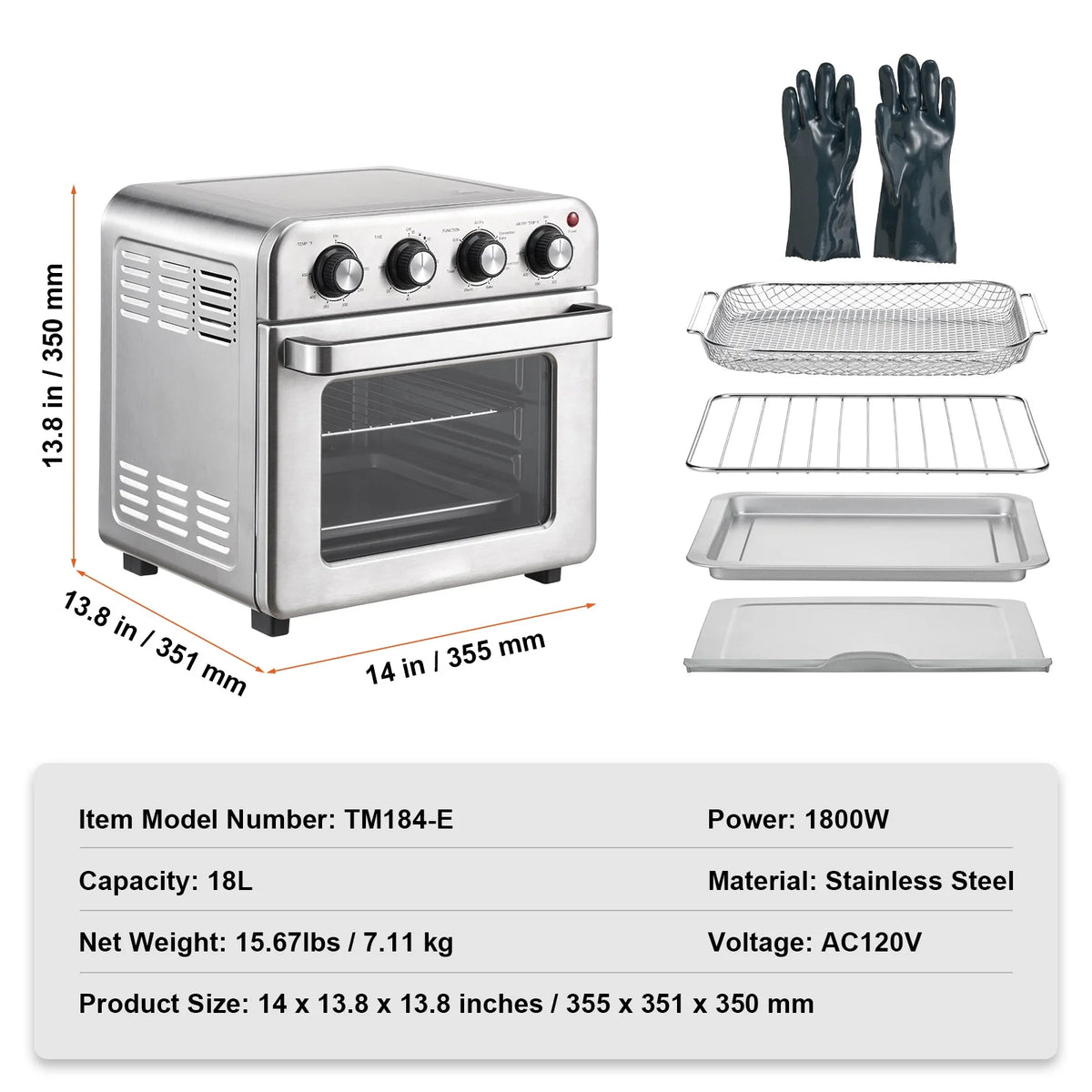 7-IN-1 Air Fryer Toaster Oven 18L Stainless Steel 1700W X9555