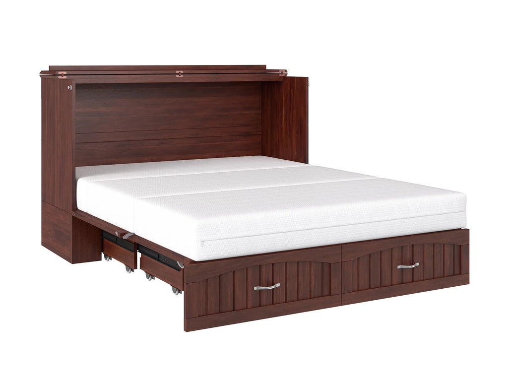 Queen Wood Murphy Bed Chest with Mattress, Drawer & Charger in Walnut S151252