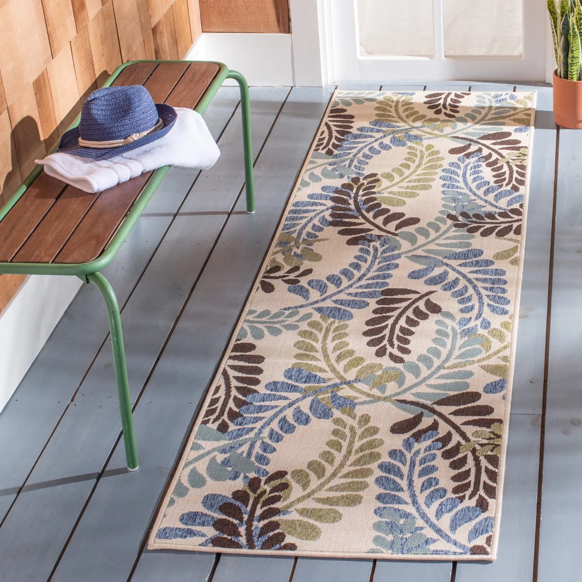Cream Aqua Floral Indoor/Outdoor Area Rug X62352
