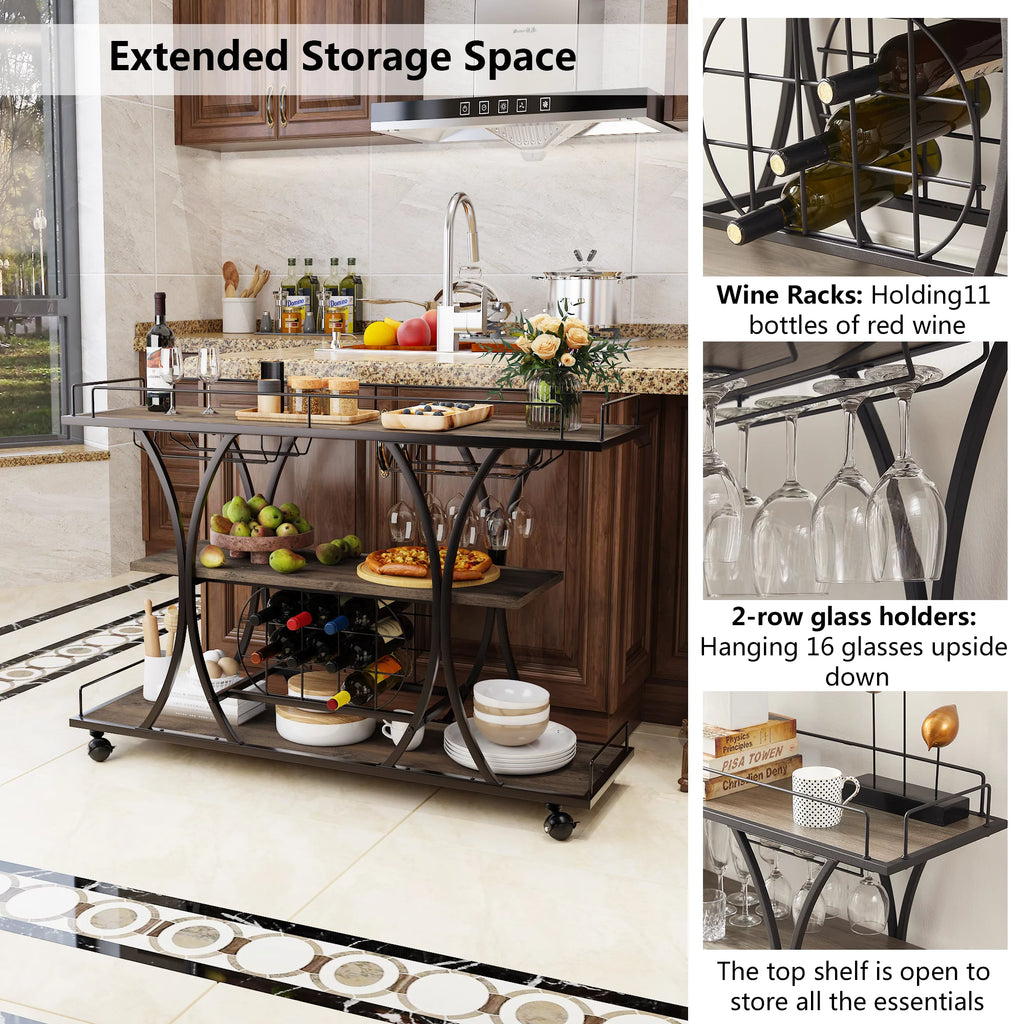 3 Tier Rolling Bar Cart with Wine Rack and Glass Holder Y515986