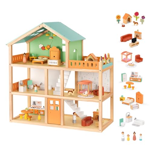 Large Wooden 3-Story Dollhouse with 42 Pcs Furniture T782