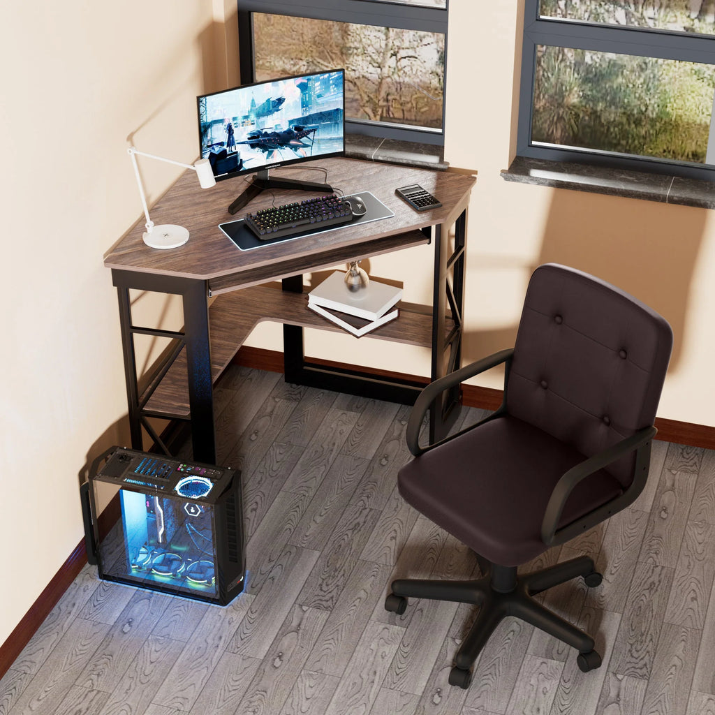 Corner Computer Desk & Chair Set, Adjustable Height Office Chair, Antique Brown Y9574