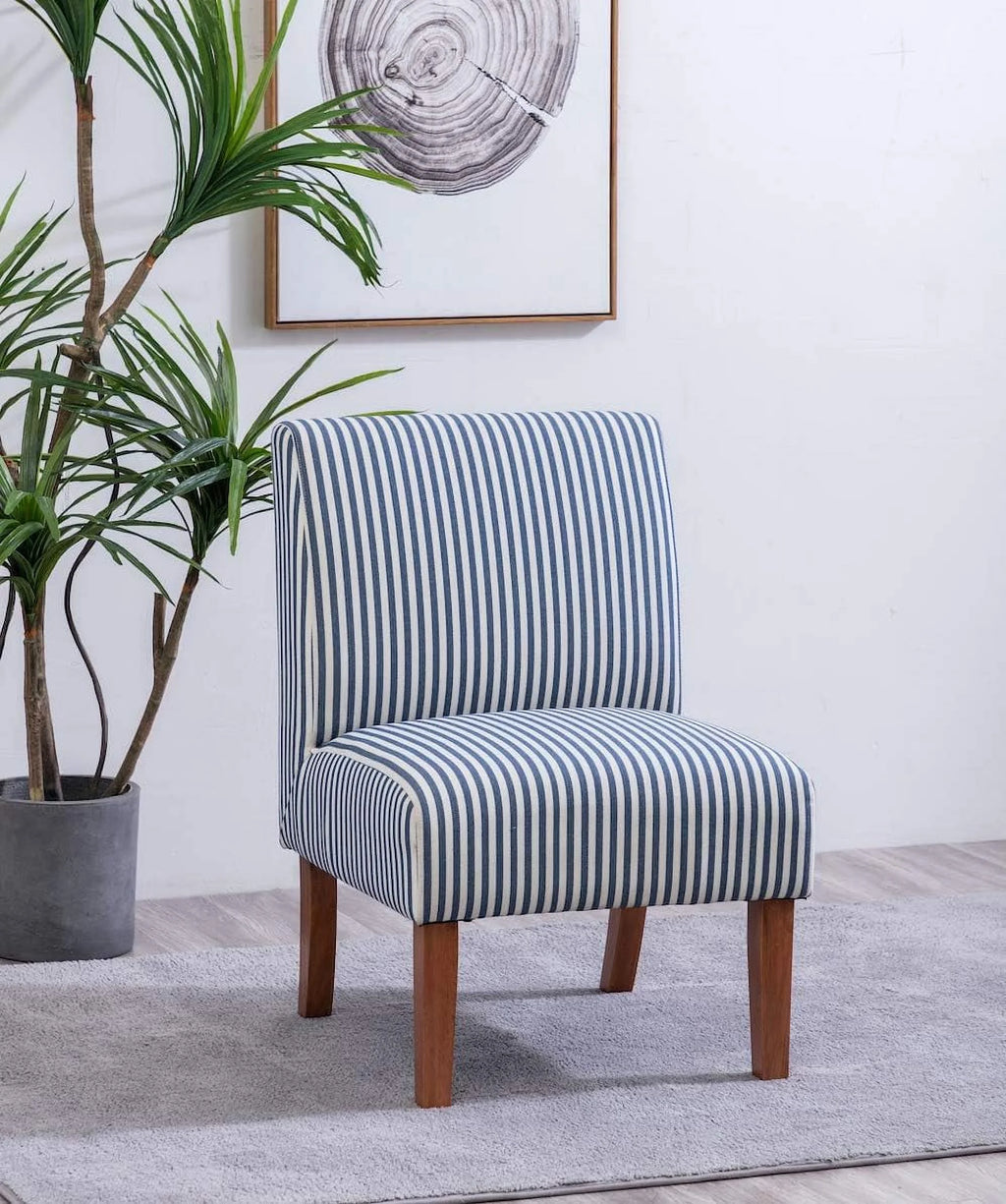 Armless Accent Chair with Wood Legs, Navy and White Stripe Fabric Q1231