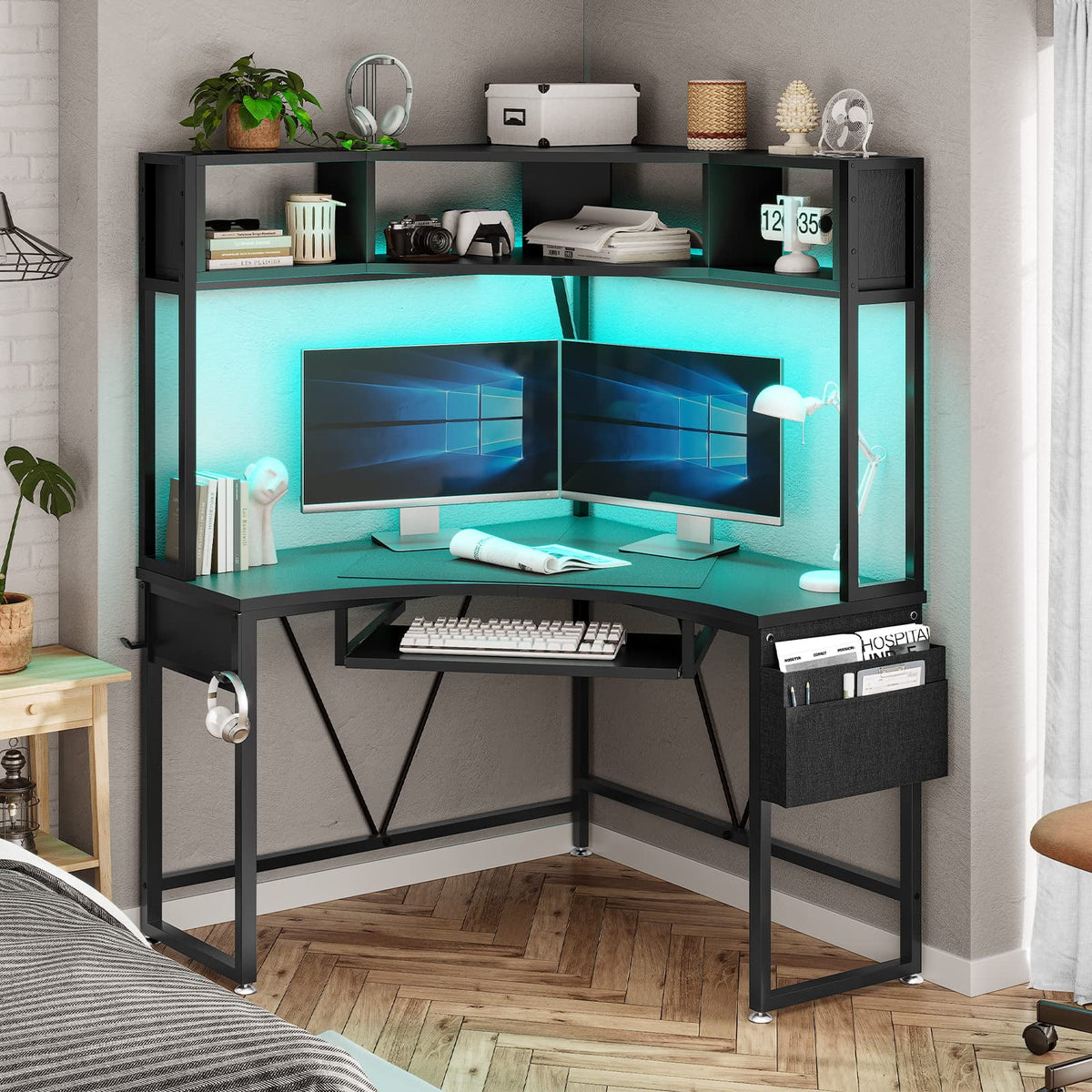 Black Corner Desk with Hutch and LED Lights T5916