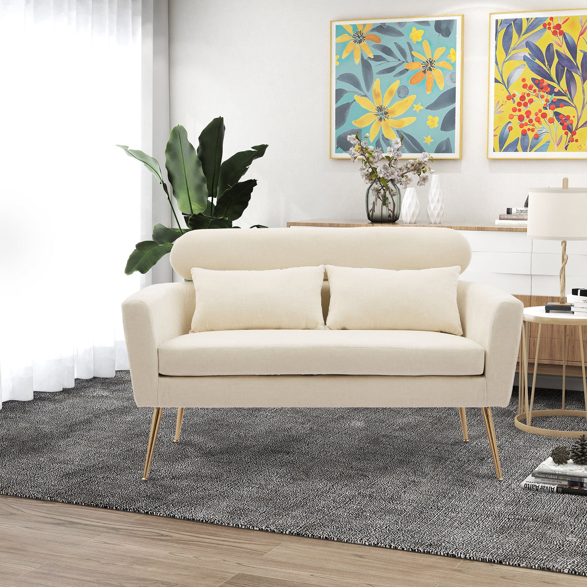 Mid Century Modern Chenille Two-Seater Sofa with 2 Throw Pillows A710419