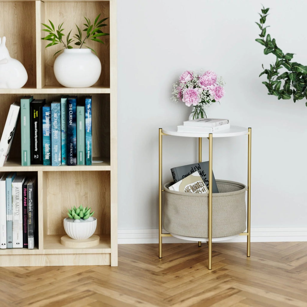 White and Gold Round Nightstand with Storage Pocket R93804